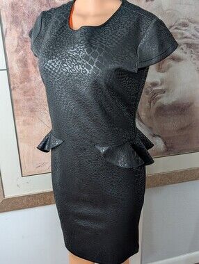 Samuel Dong Black Jacquard Peplum Dress Animal Leopard Print Sheath Size S